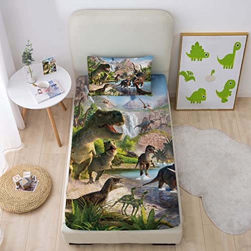 Niuone Dinosaurs Bed Sheets Twin For Boys,3D Realistic Dinosaur Green Fitted Sheets Set Ancient Jungle Dinosaur Bed Sheet Kids Soft Microfiber Bedding Sheets Set,Twin Size(2Pc) #TOP2