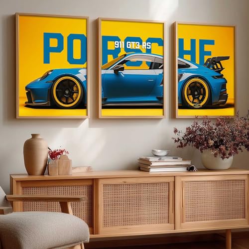 Image of HOMESY Sports Car Framed Posters Gift Items for Boys Room | Wall Decoration for Bedroom Living Room Office Gaming Room Decor | Sports Car Poster with Frame for Wall Decor Set Of 3 Size (10x13 inch, BROWN)