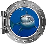 24" Porthole 3D Window Wall Decal Sticker Shark #1 Silver Port Scape Great White Ocean Sea Fish Remo
