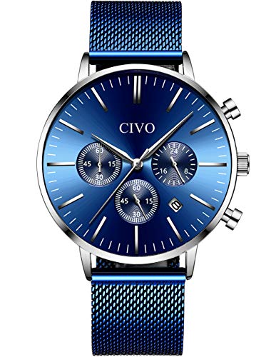 Preisvergleich Produktbild CIVO Herren Uhren Manner Wasserdicht Chronograph Multifunktional Armbanduhren mit Edelstahl Maschenband Schwarz Blau Beiläufig Elegant Geschäft Mode Analoge Quarz Herren Uhr (Blau / Silber)