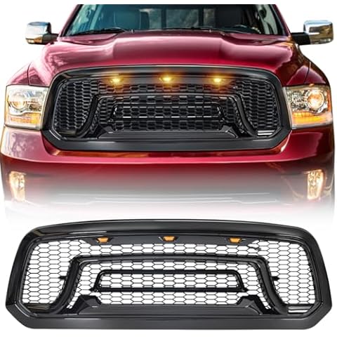 Allinoneparts Glossy Black Front Grille Compatible with 2013-2018 Dodge Ram 1500, 2019-2023 Ram 1500 Classic, with Amber Lights (NO "RAM" LETTER) Cover