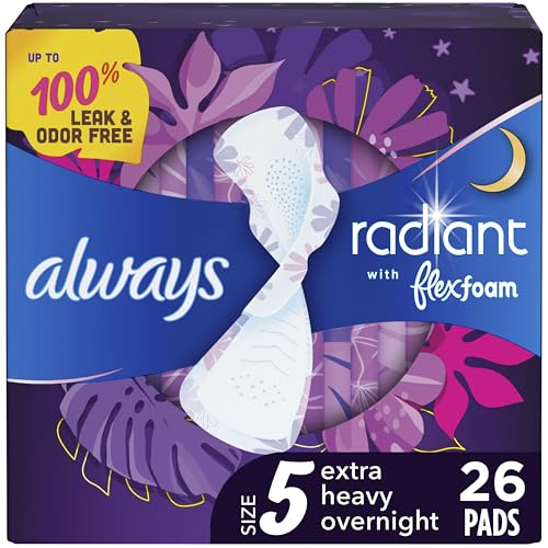 Always Radiant Feminine Pads for Women, Flexfoam Pads with Wings, Size 5, Extra Heavy Overnight Absorbency, Lightly Scented, 26 Count