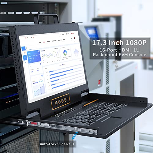 Image of Rack Mount KVM w /17.3 inch LCD Monitor, 16-Port HDMI KVM Switch, 1080@60Hz 1U Integrated Monitor Keyboard, Fits Standard 1U 19 inch Racks, Included 16 USB HDMI KVM Cable, 1 Power Cord, 2 Bracket