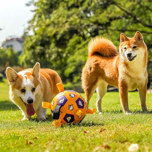 YUEMING Hundespielzeug Ball, Hundefußball mit Griff und Pumpe, Dauerhaft Hundespielzeug für Kleine Mittlere Große Hunde Fußball für Hunde, Wasserspielzeug (Gelb, 15cm)