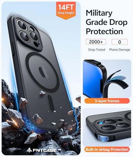 Image of FNTCASE for iPhone 13 Pro Case: [Compatible with Magsafe] Translucent Matte Cases with [Screen Protector] Military Grade Shockproof Protective Phone Cover - Black