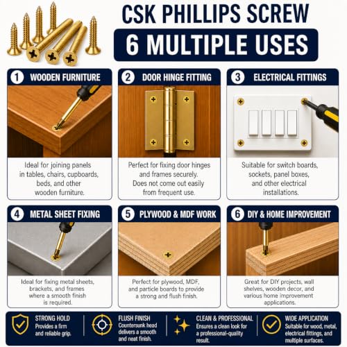 Image of By inchVP INDUSTRIES inch (Pcs-50) No.8x38 mm CSK Phillips Head Self-Tapping Screw - Brass Gold Finish, Star Slot, Philips Drive for Wood, Plywood & Plasterboards