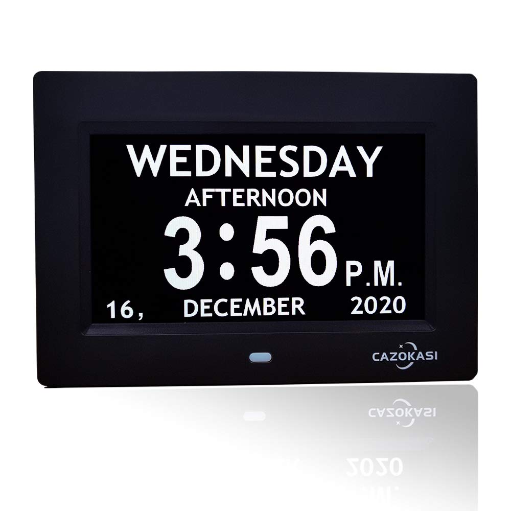 CAZOKASI Auto Dimmable Calendar Day Clock Digital Photo Frame HD Display 12 Alarms Extra Large Impaired Vision Digital Clock with Non-Abbreviated Day & Month Alarm Clock(Black / 7inch)
