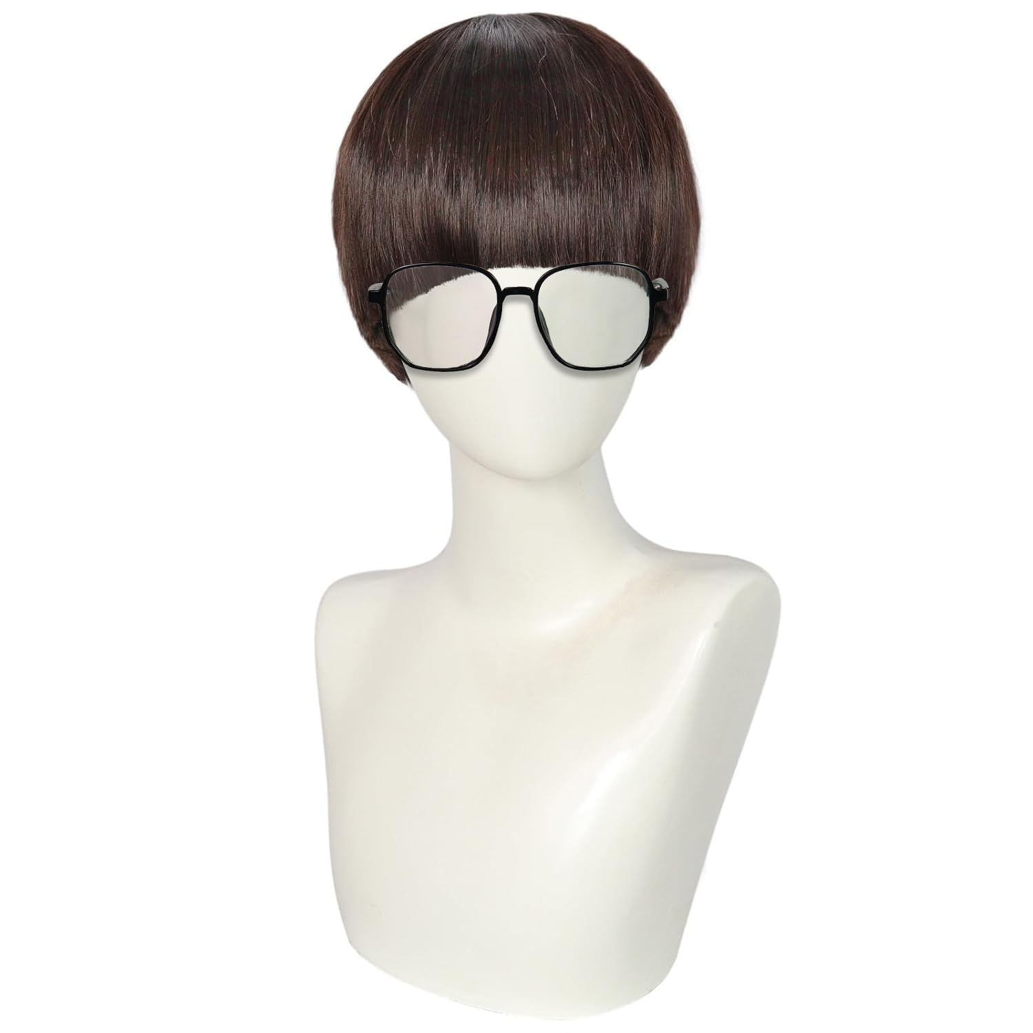 Short Brown Bowl Cut Wig with Bangs + Glasses Mushroom Wig Bowl Cut Wigs Funny Wigs for Men 60s Women Straight Adult Synthetic for Anime Halloween Costume Party + clarahead Hair Cap - Image 2