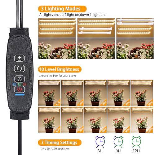 Image of 8.6'' LED Plant Growing Light Strips, Full Spectrum 3500K Grow Light for Indoor Plants with 3 /9 /12H Timer, 10 Dimmable Levels for Seedling Succulent and Plant Shelf, 4 Head 2 Pack
