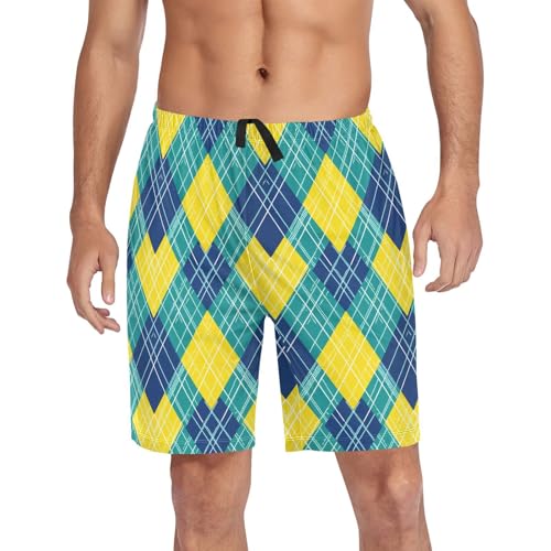 Blue Yellow Plaid Mens Pajama Shorts Lounge Pajamas for Men Sleep PJ Shorts Sleepwear, S