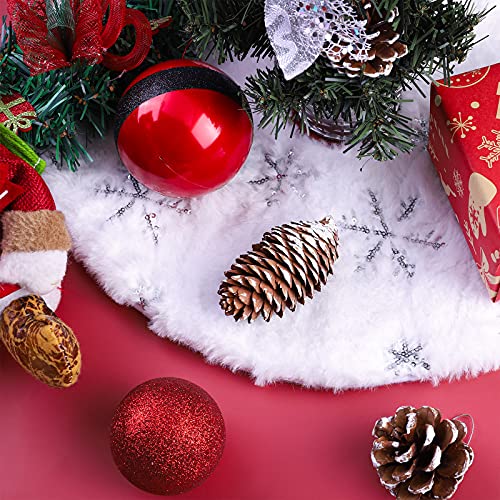 URATOT 2 Pack 15 Inches Christmas Tree Skirt Mini White Faux Fur Plush Xmas Tree Skirt White with Silver Snowflake Tree Mat for Xmas Party Indoor Outdoor Holiday Tree Decoration by URATOT - Image 5
