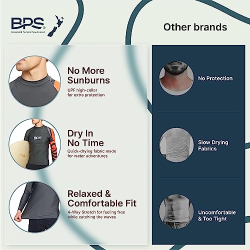 Bps Men's Long Sleeve Swim Shirt/Rash Guard With Sun Protection (Patterned Charcoal Orange, L) #TOP2