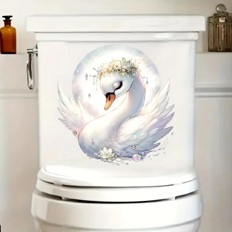 Enchanted Swan Toilet Cover Sticker Decals,Fish Bird Flower Leaf Waterproof Toilet Lid Tank Seat Decals Cistern Self-Adhesive Bathroom Wall Sticker