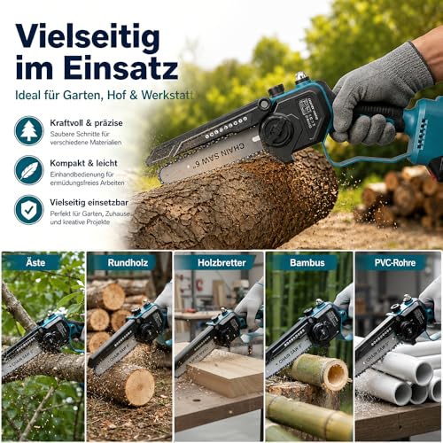Akku Kettensäge Mini 6 Zoll mit 8 Zoll Set, Handkettensäge für Baum- und Astschnitt, Einhand Akkusäge mit Automatischem Öler, Kompatible mit Makita Akku 18V (ohne Akku)