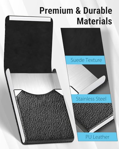 MaxGear Business Card Holder, PU Leather Business Card Case Pocket Card Holders for Men or Women, Metal Slim Name Card Holder RFID Blocking Business Card Carrier with Magnetic Closure, Black