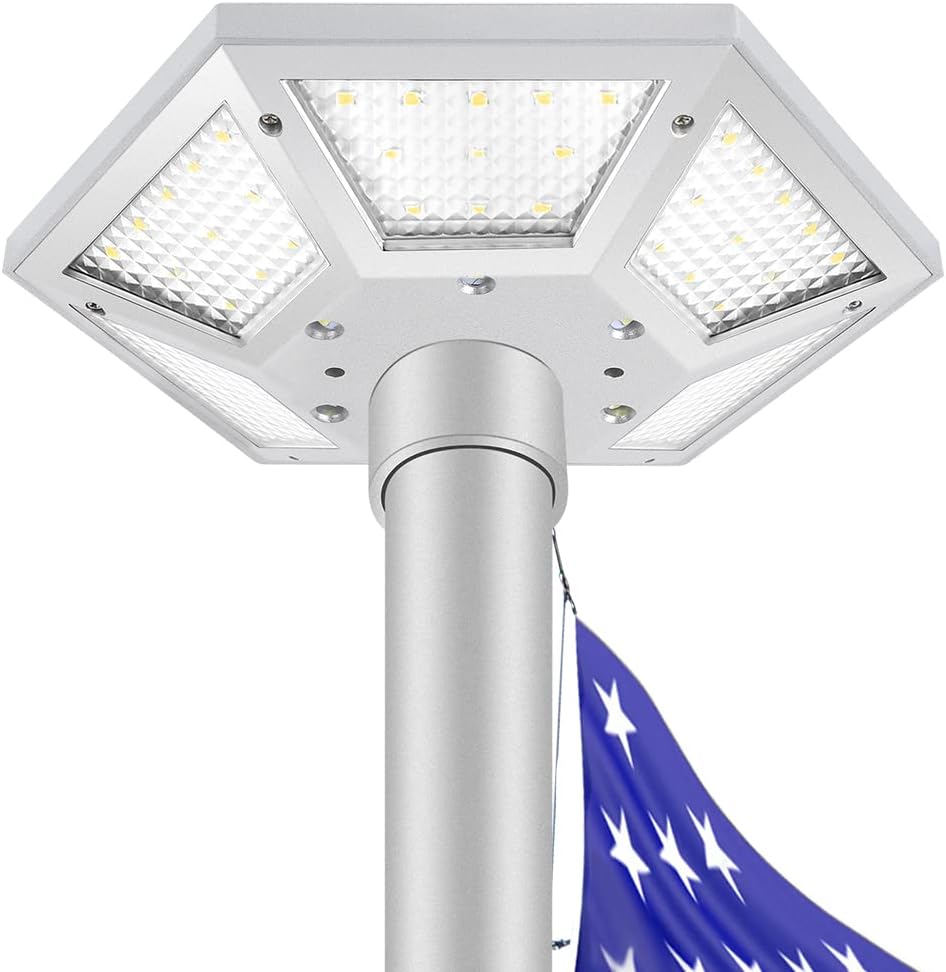 Flag Pole Light, Solar Flag Pole Light with Larger Panel Surface and Lighting Coverage, Lasts 2 Dusk to Dawn Nights Longer, 72 Super Bright LED IP67 Waterproof Flagpole Light Solar Powered (Silver)