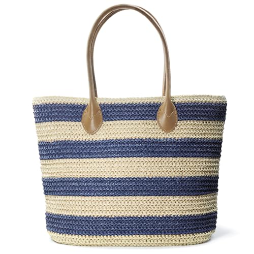 Bolso Tote de mujer de paja sintética a rayas ligero miniatura 1