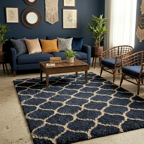 Image of Ultra Premium Shaggy Polyester Micro Rug | Super Soft Fluffy Carpet | Non-Slip Washable Area Rug for Bedroom Living Room - (Blue M, 5x7 feet, Rectangular)