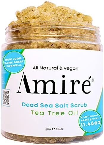 Amire Tea Tree Oil Exfoliating Body and Foot Scrub with Dead Sea Salt, Great for Acne, Dandruff, Stinky Feet, Infused with Argan Oil and Shea Butter to Moisturize
