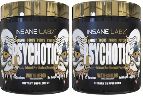 Image of Insane Labz Psychotic Gold, High Stimulant Pre Workout Powder, Extreme Lasting Energy Focus, Pumps and Endurance with Beta Alanine, DMAE Bitartrate, NO Booster (35 Servings, Watermelon) (Pack of 2)