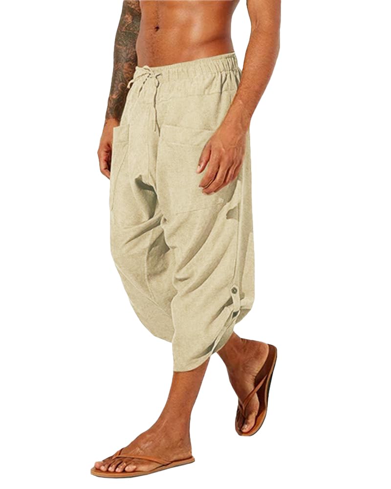 Gafeng Mens Linen Harem Capri Pants Drawstring 3/4 Shorts Casual Beach Yoga Hippie Thai Pants