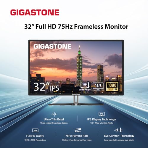 Gigastone 32 inch IPS LED Back Light Monitor 75Hz FHD 1920 x 1080, 178° Wide View Frameless Computer Monitor 5ms, Eye Care Technology, Ergonomic Tilt
