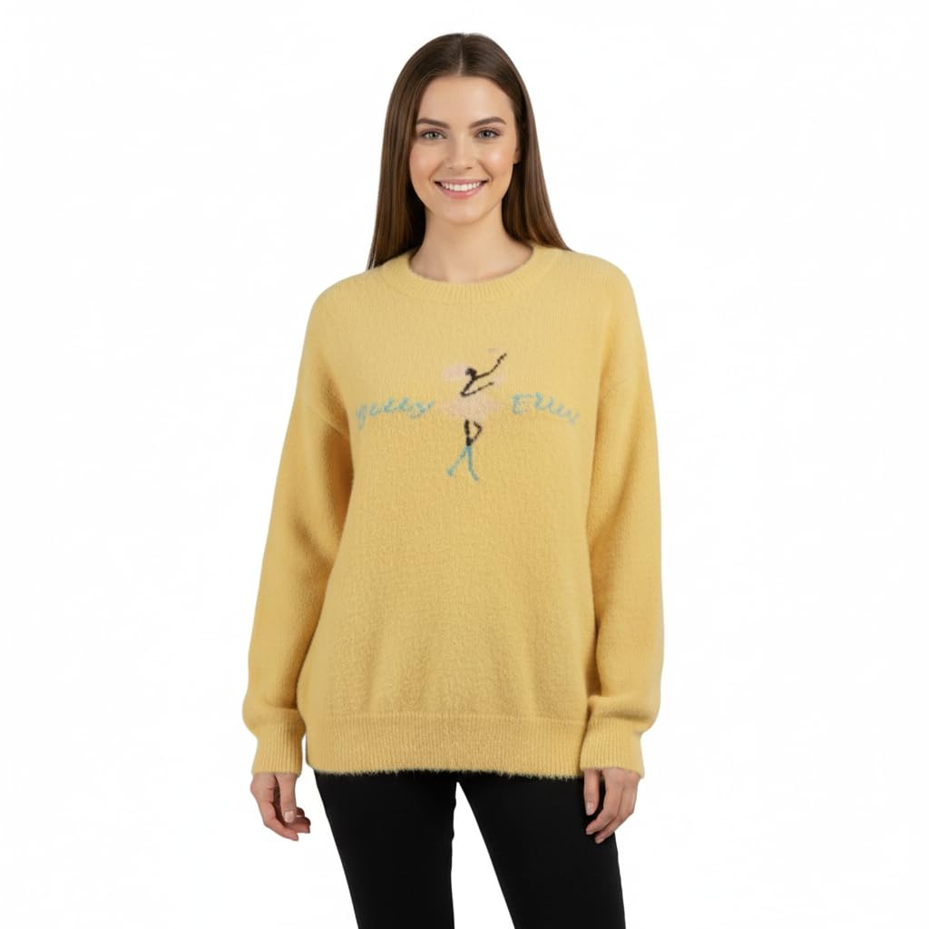Women Yellow Fuzzy Pullover Sweater Single Piece Round Neck Casual Winter Knit Size Bust 43 Inch-picture-32