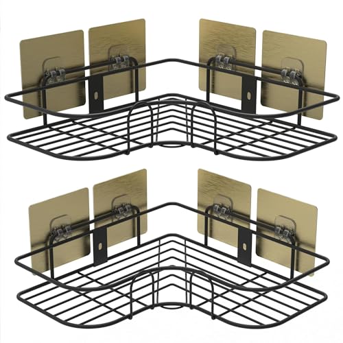 Image of Bathroom Shelf Organizer with Magic Stickers | Self-Adhesive | L-Shape Corner Shower Caddy -Sleek Black Powder Coated- Ideal for Kitchen Essentials and Bathroom Accessories | Pack of 2