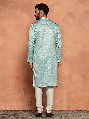 Image of KISAH Men's Navy Blue Printed Cotton Kurta - Regular Fit Long Tunic with Mandarin Collar | Ethnic Wear for Weddings & Festive Occasions