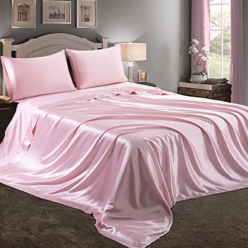 RUDONG M 4 Piece Pink Satin Sheets Queen Size Satin Bed Sheets Set Silky Satin Sheet with 1 Deep Pocket Fitted Sheet+1 Flat Sheet+2 Pillowcases