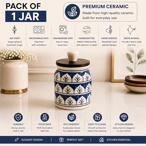 Image of Ceramic Kitchen Jars for Storage | Air Tight Containers with Wooden Lids | Masala, Salt, Pickle, Dry Fruits & Multi Utility Item Organiser Set (Hand-Painted, Blue Mughal, 450 ML, Pack of 1)