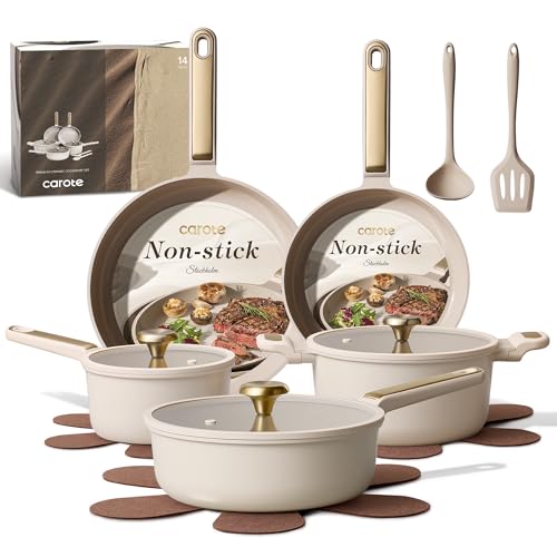 CAROTE Ceramic Cookware Set Nonstick, 14pcs Pots and Pans Set Nonstick, Non-Toxic & PFAS-Free, Dishwasher, RV/Camping Cookware Set, Cooking Pots with Lids, Light Taupe