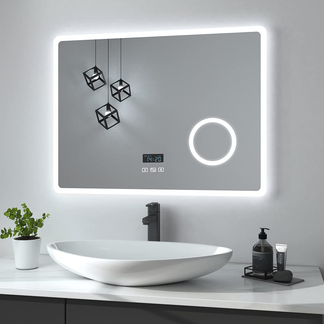 Heilmetz Espejo de baño con Lupa 3X, Espejo baño con luz LED, 80 x 60 cm, con Interruptor táctil y función antivaho, Reloj y Bluetooth, Regulable, Tres Colores, Tipo13