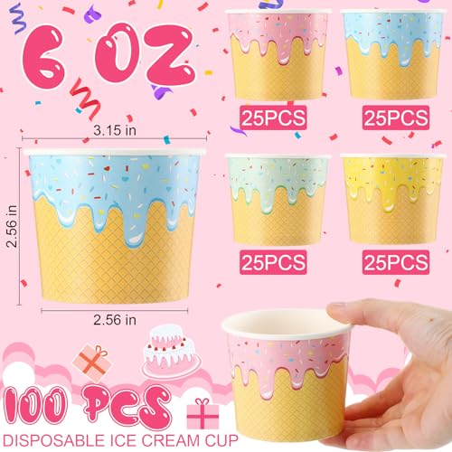 Image of 100 Pcs 6 oz Ice Cream Cups Paper Disposable Dessert Bowls Paper Ice Cream Sundae Bowls Bulk Dessert Cups Yogurt Snack Soup Containers for Cold or Hot Food Summer Birthday Party Supplies