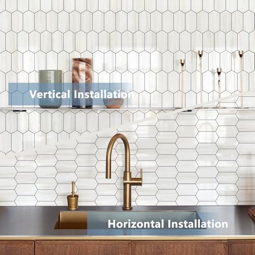 Vamos Tile Long Hexagon Peel and Stick Backsplash Tile - 10 Sheets Stick on Backsplash for Kitchen and Bathroom 12.4 x 12 Inch Glossy Dolomite White PVC Self Adhesive Mosaic Wall Tiles by Vamos Tile - Used condition - Image 2