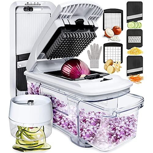 Kiloko Mandoline Vegetable Slicer & chopper with free Spiralizer and Safety Glove - Manual Mandolin Slicer Vegetable Chopper Potato Slicer Veg Cutter Onion Dicer & Julienne Cheese Grater. (5 in 1)