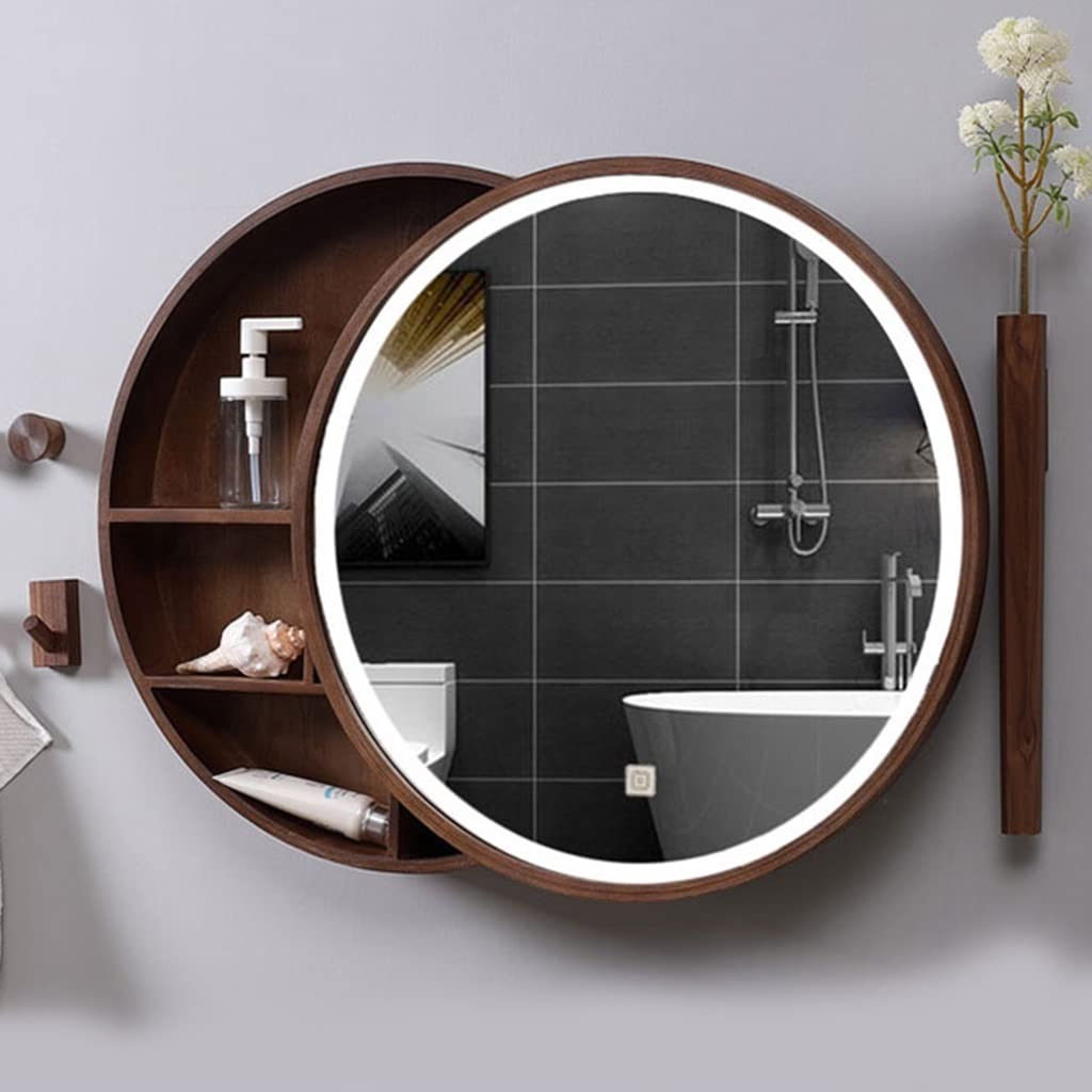 Espejo de baño Redondo de Madera Maciza de 70 cm (27,6 Pulgadas) de Pared con Tira de luz LED y Mueble de almacenaje, Color marrón