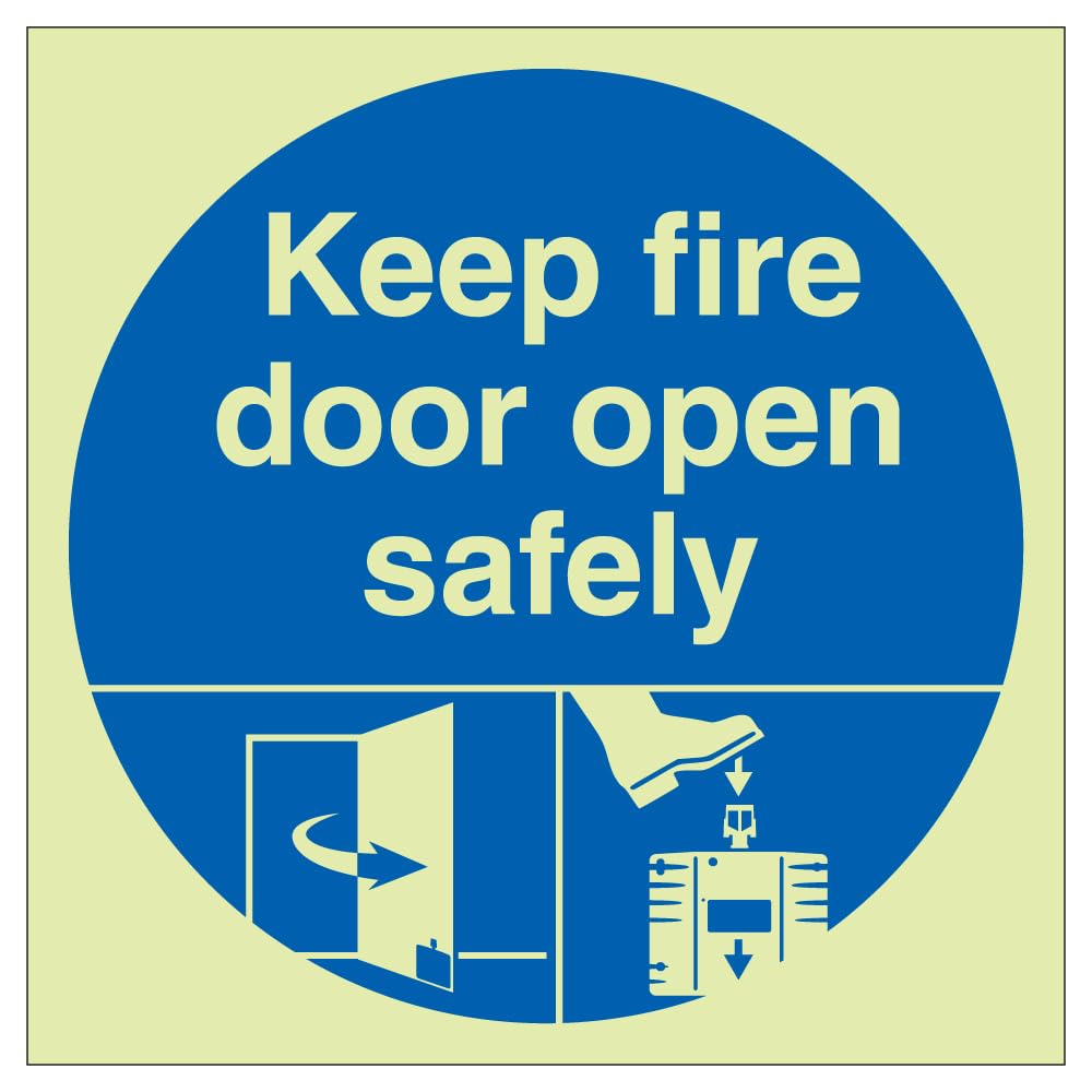 V Safety Photoluminescent Dorgard Keep Fire Door Open Safely 100 x 100 mm - Glow In The Dark Self Adhesive Vinyl Safety Sign
