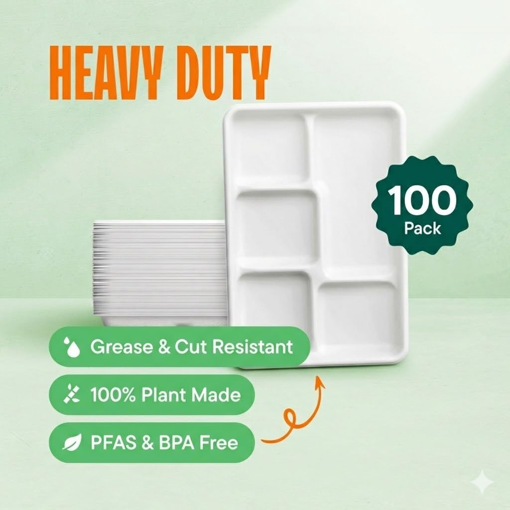 100% Compostable, Large 5 Compartment, Disposable Tray [100-Pack] - [12.5 Inch] Heavy Duty Biodegradable Bagasse Sectional Lunch Trays + Dividers - Divided Platter - (PFAS Free) (BPA Certified) - Image 2