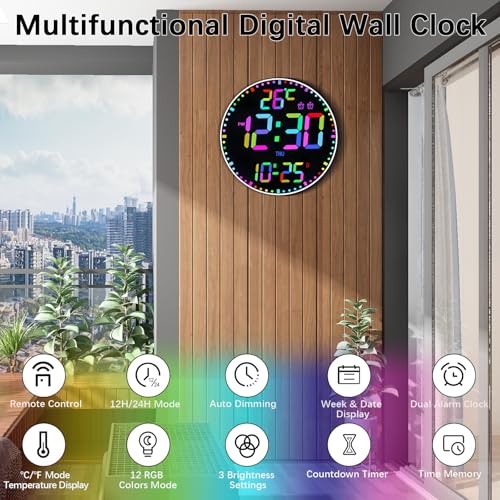 Horloge murale numérique LED 30,5 cm télécommande minuteur date température RVB