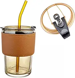 Copo De Vidro Com Canudo Tampa Hermética 450ML, Copo De Vidro Com Detalhe Em Couro, Canudo Reutilizável e Tampa Ideal para Chás Café Gelado Copo Premium (Dourado)
