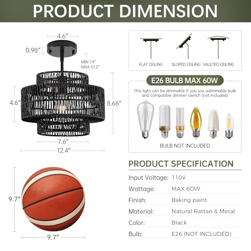 Image of 12.4 inch Black Boho Rattan Chandelier Light Fixture, 1-Light Hand Woven Pendant Light Fixture Farmhouse Rustic Hanging Lamp for Kitchen Island Bedroom, Dining Room, Living Room, Entryway, Foyer