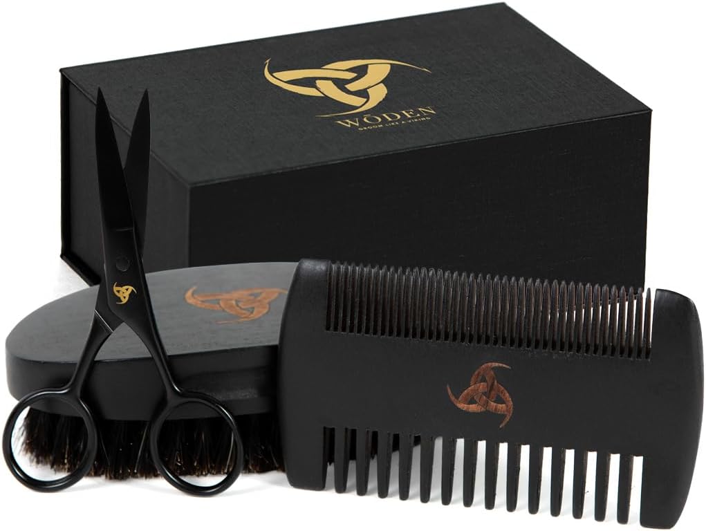 Woden Beard Maintenance Kit - Premium Luxury Black Beard Brush and Comb Gift Set | Mustache and Beard Scissors, Boar Bristle Beard Brush, Fine-Tooth Pearwood Beard Comb, Travel Bag and Gift Box