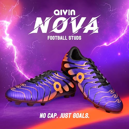Image of AIVIN Nova Football Shoes | Lightweight PU Synthetic Upper | Ribbed Texture for Precision Control | TPU Bladed Stud Outsole | Cushioned Insole | Premium Purple Orange Design | Firm Ground Soccer Studs