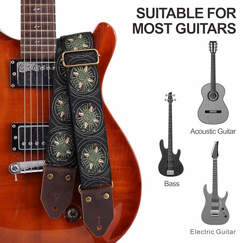 Image of Nefelibata Guitar Strap,Jacquard Embroidery Cotton Guitar Straps with Crazy Horse Leather Ends for Bass, Electric & Acoustic, Best Gifts for Kids, Guitarists(Military Green Sun Embroidery)