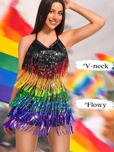 Image of Kaei&Shi Sequin Fringe Romper,Sparkly Glitter Metallic Jumpsuits For Women,Backless Shorts Dress Disco Birthday Dance Outfit