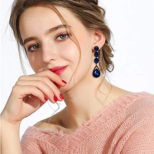 Flyonce Wedding Bridal Rhinestone Crystal Multi Teardrop Pierced Dangle Earrings Navy Blue Black-Tone - Image 5