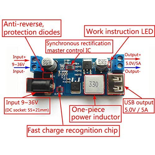 JZK 24V / 12V tot 5V 5A Power Buck DC-DC Power Down Module Voeding Video Converter Board met LED's - Image 3