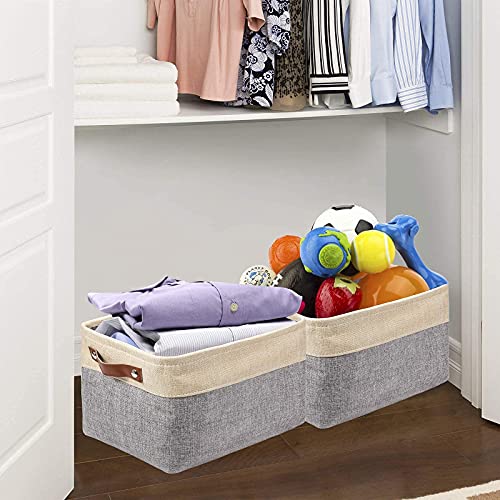 Vextronic Collapsible Storage Bins, Fabric Storage Baskets For Shelves, Canvas Decorative Storage Bins With Handles, Foldable Storage Baskets For Organizing Toys Clothes Closet, Gray & Beige 3 Pack #TOP4