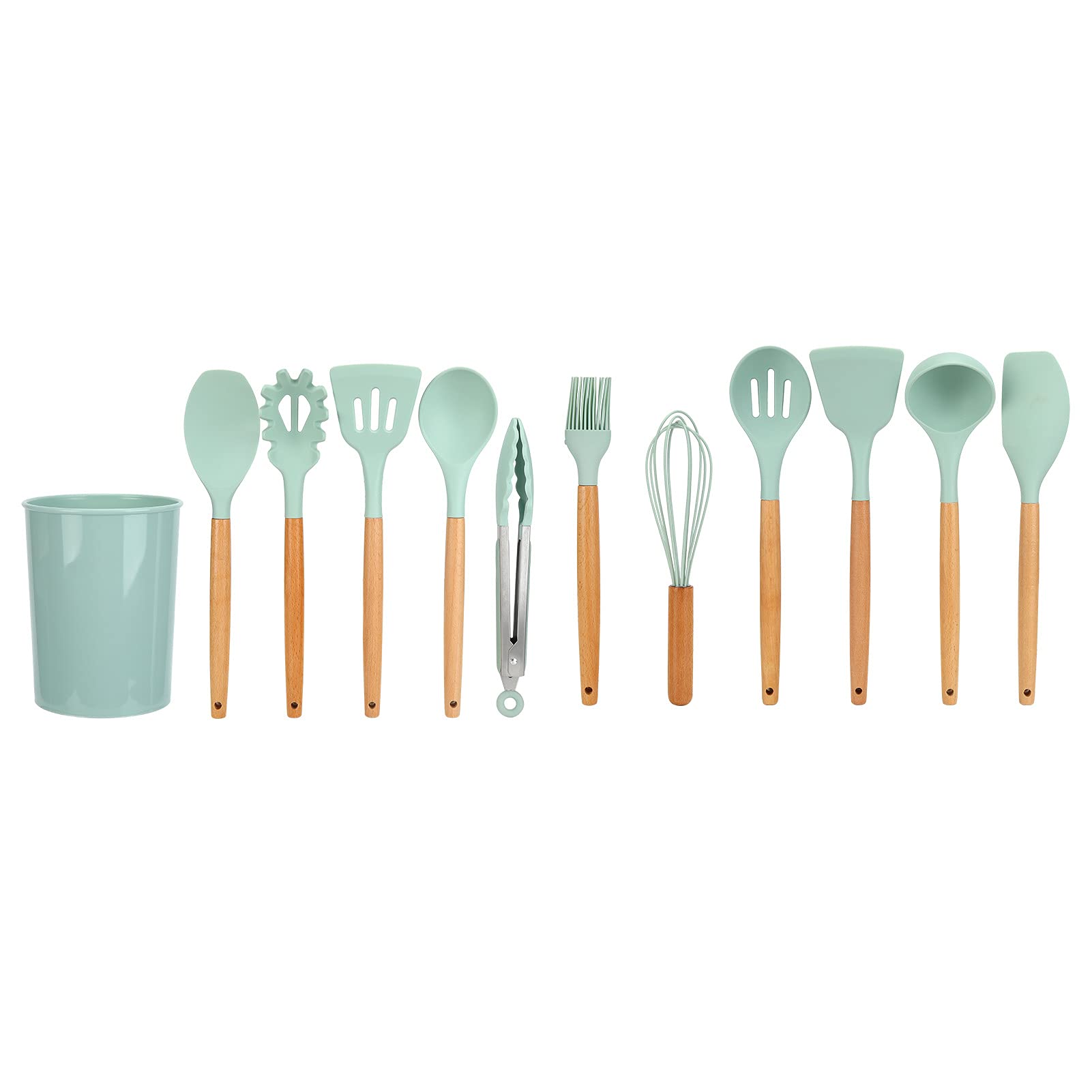 Set di Utensili da in Silicone da 12 Pezzi con Manici in Legno per Utensili da Nella di Casa (Verde chiaro)